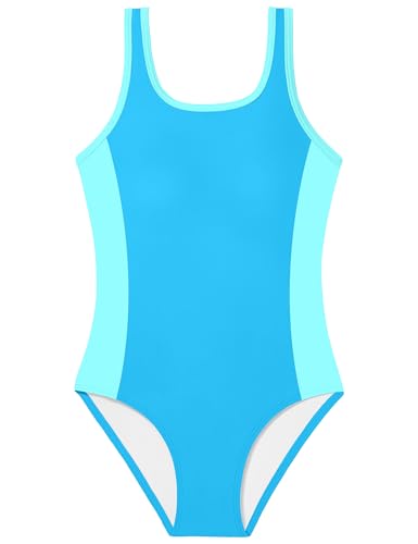 Image of Girls Swimsuit Ruffled Square Neck Color Contrast Trim One Piece Bathing Suit Geometric Girls' Swimwear 9-16Y