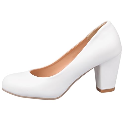Round Toe Office Block Heel Womens Slip On Pumps