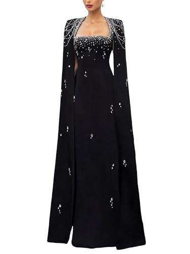 Women's Maxi Long Formal Prom Dress Diamonds Beaded Chains Cape Sleeve Luxury Evening Party Dresses