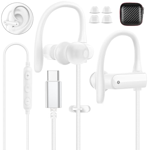 USB C Headphones Over Ear Earbuds for Google Pixel 10 9/Galaxy A16 A36 S26 S25 for iPhone 17 16 15/iPad 10th Gen Wrap Around Ear Buds with Mic Type C Earphones C Plug Running Sport Wired Headset White