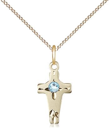 14kt Gold Filled Cross Pendant with a 3mm Faux Aqua Blue Green Austrian Crystal stone on a 18 inch Gold Filled Light Curb Chain.