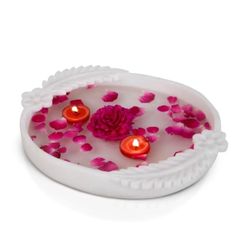 Image of Marble Urli Bowl for Decoration | Big Potpourri Decorative Bowls in Home decor | Large White Floating Flower Plates of Stone | Small Shape puja Item | (12 inch, Leafy Bowl)