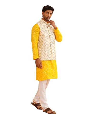 Sojanya (Since 1958 Men's Cotton Designer Mustard Kurta With Churidaar Pyjama & Cream Nehru Jacket