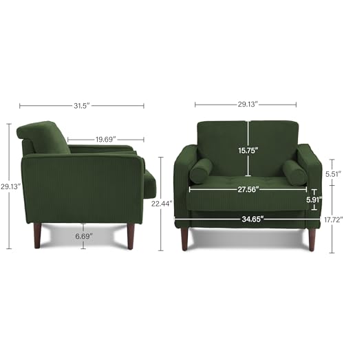Image of Accent Chairs Set of 2, Corduroy Fabric Upholstered Armchair Mid-Century Modern Arm Chair for Living Room, Comfy Single Sofa Bedroom Side Reading Seat - Green
