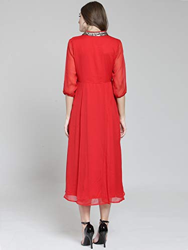 Image of Sera Women's Solid Red Polyester Fit & Flare Party Midi Dress