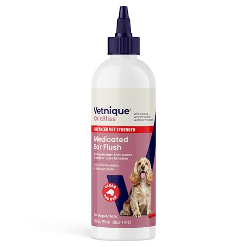 Vetnique Oticbliss Advanced Strength Dog Ear Infection Treatment Flush, Antiseptic Cat & Dog Ear Cleaner Solution Medicated with Chlorhexidine & Ketoconazole Helps with Ear Yeast (12oz Flush)