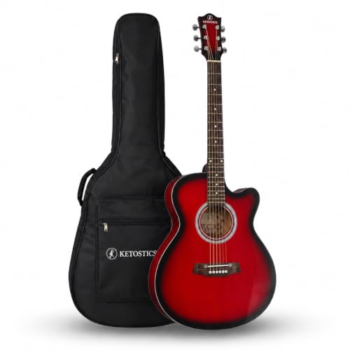 Image of KETOSTICS Acoustic Guitar combo KT-41C,41-inch Cutaway Truss Rod with padded bag,string set,belt and 5 plactrums,rosewood,copper Strings,for Beginners & Intermediate Players Musical Instrument (RED)