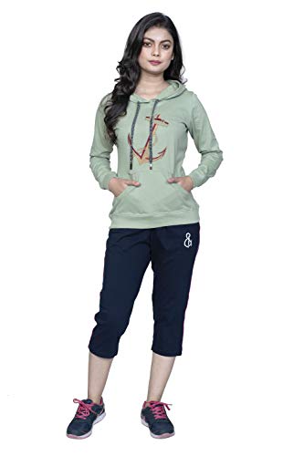 Image of Women's Embroidered /Printed Cotton Hooded Full Sleeve Grey Top and Black Capri Set (Medium)