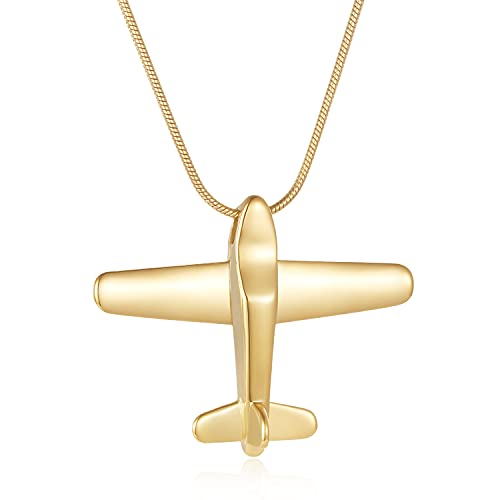 Sheng Jewelry Airplane Ashes Necklace Aircraft Cremation Urn Necklace for Ashes Pendant Stainless Steel Keepsake Memorial Jewelry for Women Men (Gold) (S028-G)
