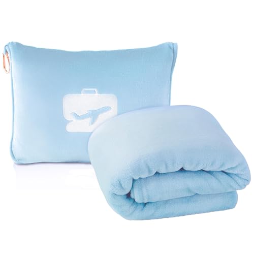 Image of EverSnug Travel Blanket and Pillow - Premium Soft 2 in 1 Airplane Blanket with Soft Bag Pillowcase, Hand Luggage Sleeve and Backpack Clip (Ice Blue)