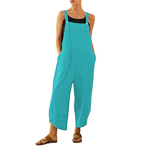 Jumpsuit for Women UK Summer Dungarees Loose Plus Size Wide Leg Rompers with Pockets Cold Shoulder Suspender Overalls Solid Color High Waist Leisure Playsuit Loungewear Going Out Outfits