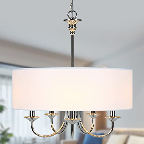 Derksic Traditional 5-Light Chandelier 20 Inch Modern Chrome Drum Chandeliers With Linen Shade For Dining Room Living Room Foyer cover