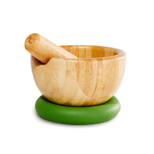 Loisa | Bamboo Mortar And Pestle With Silicone Base | 5.25" Mortar Bowl | Premium Latin Cooking Utensils | Green #TOP18