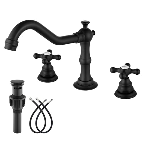 gotonovo Bathroom Faucet 3 Hole 8 Inch Widespread Bathroom Sink Faucet 2 Cross Handles Vintage Lavatory Vanity Mixer Tap with Pop Up Drain, HOT Cold Label, Matte Black