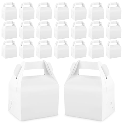 Hxezoc 24 Pieces White Party Favor Boxes Gable Candy Treat Box Folding Paper Gift Box with Handles for Baby Showers Birthday Party Wedding Decoration Supplies