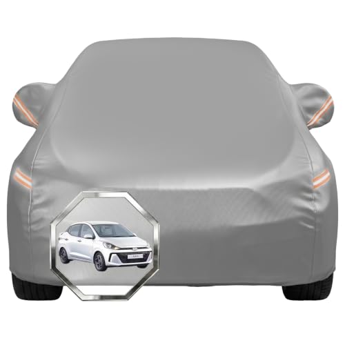 Image of Pivalo Car Cover for Hyundai Aura All Model & Years with Mirror Pocket 100% Waterproof Triple Stitched Bottom Elastic Dust, Heat & UV Resistant Full Body Protection (Grey with Highlighter)