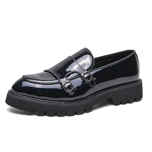 Men's Patent Leather Double Monk Strap Platform Slip On Loafers,Fashion Classic Non-Slip Lug Sole Dress Smoking Shoes,Business Casual Comfort Penny Loafers