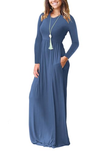 Image of AUSELILY Womens Long Sleeve Maxi Dress Casual Empire Waist with Pockets | Versatile year round long dress for spring, fall, winter, available in floral prints and solids