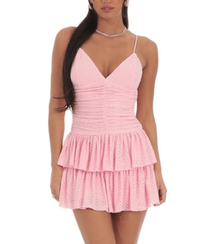 Image of YOXUA Women's Deep V-Neck Spaghetti Strap Casual Tiered Mini Dresses Summer Layer Ruffle Hem Short Dress