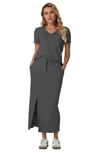 Image of GRECERELLE Women Summer Casual 2 Piece Sets V-Neck Wrinkle-Free Top & Elastic Waist Midi Side Slit Skirt with Pockets
