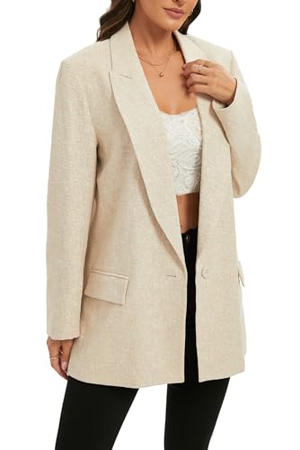 TRNY Womens Long Blazer - Linen Blazer Jackets with Textured Jacquard Long Sleeves Peak Lapel Suit for Work Casual Office