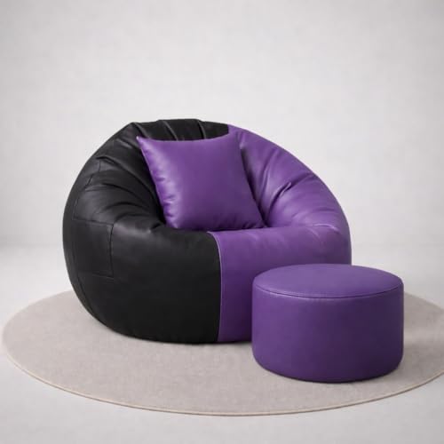 Image of 4XL Tear Drop Bean Bag Chair with Footrest & Pillow | Premium Leatherette Bean Bag Cover (Without Beans) Upto 150 Kg Capacity | Living Room Lounger (Purple::Black, XXXXL)