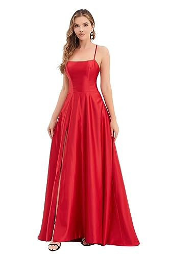 Image of Women's Prom Dress Long Train Side Slit Satin for Teens Strap Spaghetti Backless with Pockets Hunter Green