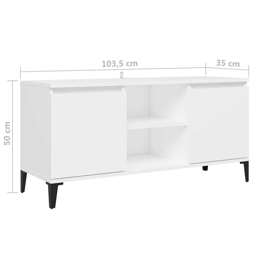 Mobile TV con gambe in metallo, bianco, 103,5 x 35 x 50 cm, mobile basso con 2 ripiani e 2 scomparti, credenza con vano portaoggetti, mobile moderno per soggiorno per gaming e home theatre