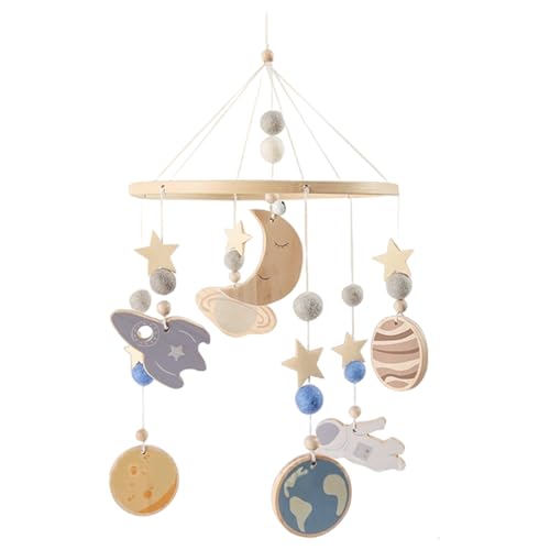Carillon à vent en bois pour berceau avec décor spatial sculpté et épuré