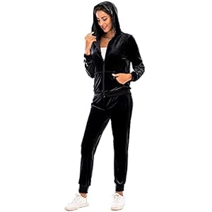 Veseacky-Velour-Tracksuit-Set-Womens-Full-Zip-Hoodie-Sweatshirt-Long-Sweatpants-Sweatsuit-Sportwear-with-Pocketks-S-XXL Womens 2 Piece Sportswear Long Sleeve Full-Zip Jacket Cozy Jogger Pants Velour Activewear Black L