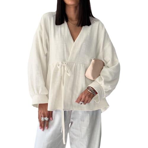 Women Cotton Linen Long Sleeve Solid V Neck Tied Tops Minimalist Loose Fit Breathable Casual Blouse