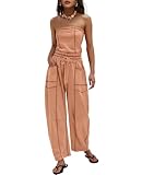 LAMISSCHE Womens Casual Strapless Jumpsuits off the Shoulder Summer Rompers Sleeveless One Piece Outfits with Pockets(Khaki,S)