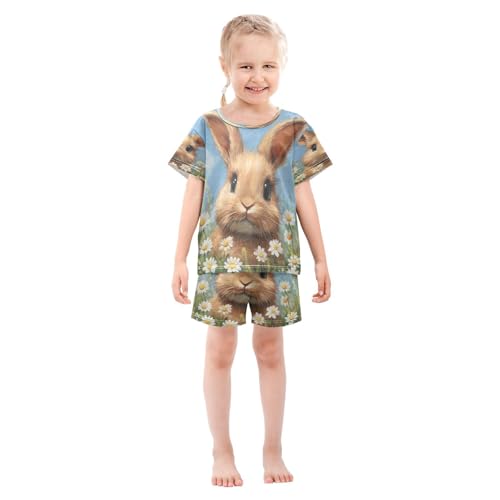 ALAZA Easter Rabbit Bunny Flower Watercolor Pajamas Set Short Sleeve Cotton Sleepwear Summer Pjs 2 Piece 5-14Y3