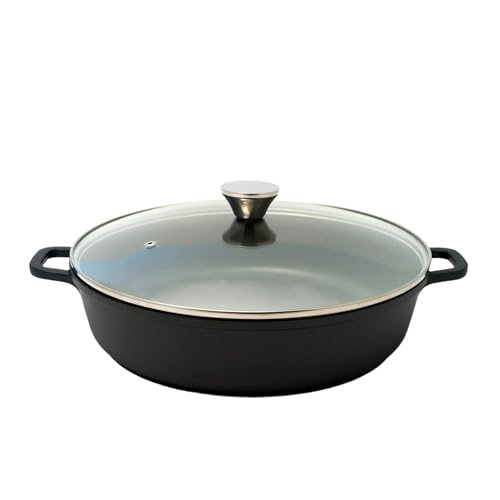 Baumalu, Mijoteuse Basse 36 cm en Fonte d'Aluminium avec Couvercle en Verre, Revêtement Anti-Adhérent 2 Couches XYLAN PLUS, Extérieur Noir, Compatible Tous Feux et Induction
