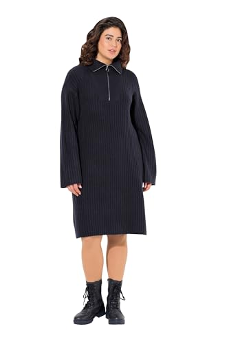 Ulla Popken Damen Strickkleid, A-Linie, Rippstrick, Troyerkragen, Langarm Kleid, Marine, 54-56 EU