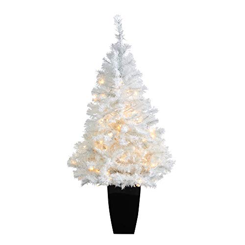 Nearly Natural 50in. White Artificial Christmas Tree with 100 Clear LED Lights in Black Metal Planter
