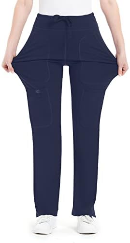 QBK Yoga Scrub Pants Women Mid Rise Yoga Work Pants- Five Pocket Cargo Scrub Pant (X-Large, Navy)
