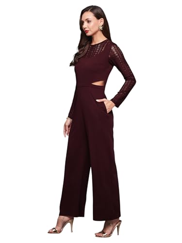 Image of Miss Chase Women's Halter Neck Sleeveless Solid Wide Leg Sequin Paneled Regular Length Jumpsuit