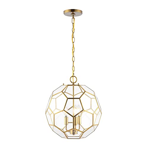 JONATHAN Y JYL9925A Modern Globe Pendant Light, 13.5" 3-Light Geometric Chandelier in Brass Gold with Clear Glass Shade, Adjustable Hanging Ceiling Fixture for Kitchen Island, Dining Room, Foyer