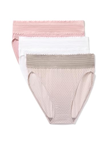 Warners® Blissful Benefits Women's Dig-Free Comfort Waistband with Lace Microfiber Hi-Cut 3-Pack, Mink LACE DOT/White/Rose, Large