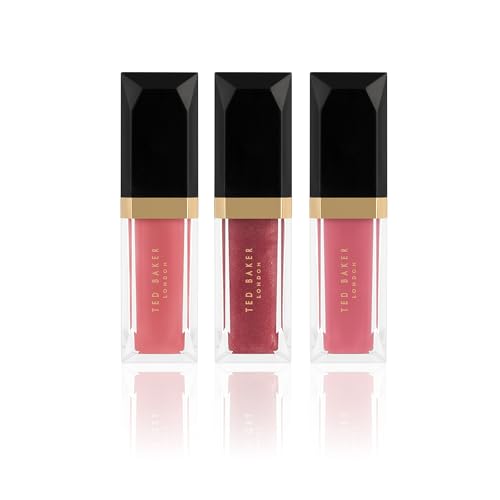 Ted Baker Power Pout Trio, 3 brillants à lèvres, pivoine délicate, rose transparente et rose glacé, coffret cadeau ludique pour femme – 3 x 4,34 ml