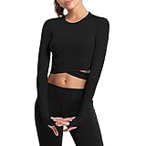 OEAK Sportshirt Damen Langarm/Kurzarm Top Nahtlos Sport Yoga Oberteile Laufshirt Sporttop Frauen Crop Top Fitness Training Gym Shirt,Langarm-Schwarz,S