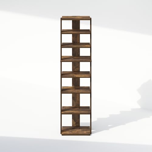 Image of Furinno Turn-N-Tube Corner Shelf, 8-Tier Display Rack, Vertical Corner Storage Rack, Space Saving Organization and Storage, Entryway, Living Room, Closet, Amber Pine