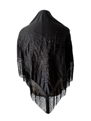 Genérico FLAMENKA Coqueiro xaile de flamenca, cantão bordado floral, 150 x 80 cm com franjas de 24 cm, poliéster