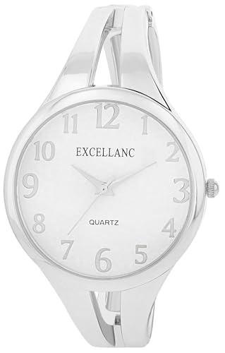 Excellanc Damen-Spangenuhr Metallarmband Spangenarmband Armreif lesbare Ziffern Rund Länge 15,5 cm Quarz-Armbanduhr Geschenkidee für Frauen (Silber/weiß)