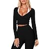 IYOWEL Womens Wrap Top Long Sleeve Tie Front Ballet Crop Tops Sexy Deep V Neck Yoga Pilates Workout T Shirts Y2K Going Out Outfits Black M