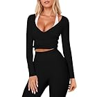 IYOWEL Womens Wrap Top Long Sleeve Tie Front Ballet Crop Tops Sexy Deep V Neck Yoga Pilates Workout T Shirts Y2K Going Out Outfits Black M