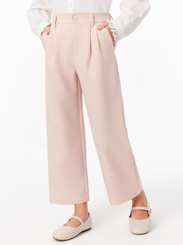 Image of Haloumoning Girls Uniform Pants Kids High Waisted Wide Leg Dress Pants Casual Trousers with Pockets 5-14 Years
