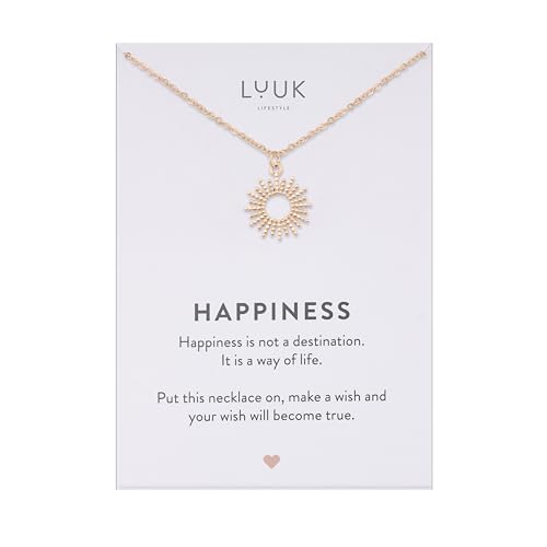LUUK LIFESTYLE Beaded necklace with sun I sunshine pendant, trendy fashion accessory, lucky charm with HAPPINESS quote for best friend, rosé LUUK LIFESTYLE Beaded necklace with sun I sunshine pendant, trendy fashion accessory, lucky charm with HAPPINESS quote for best friend, rosé