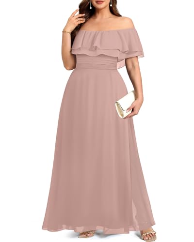 Image of Pinup Fashion Plus Size Formal Bridesmaid Wedding Guest Chiffon Long Dress | Chiffon, off-the-shoulder neckline, layered ruffles, ruched elastic waist, floor-length, evening party, wedding guest